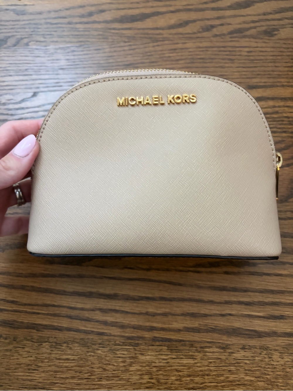Michael Kors Neutral Beige Saffiano Leather Dome Cosmetic Case